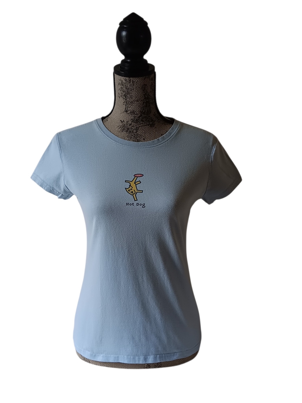 Life is good" hot dog" women's light blue short sleeve top size M
